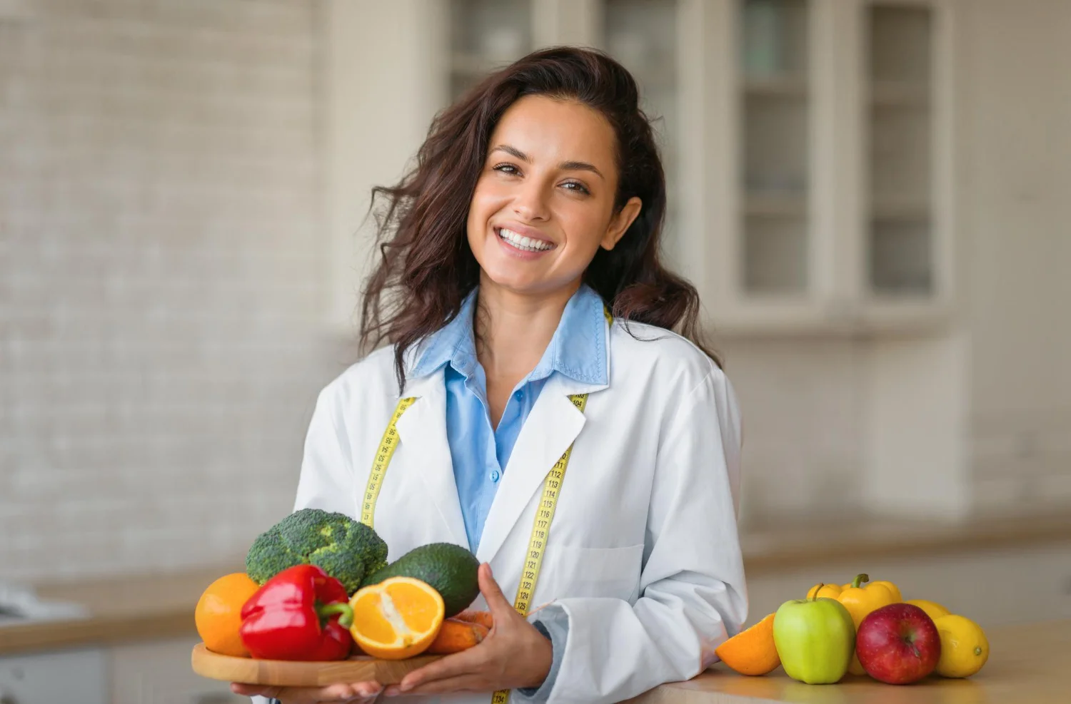 Doctora sosteniendo fruta